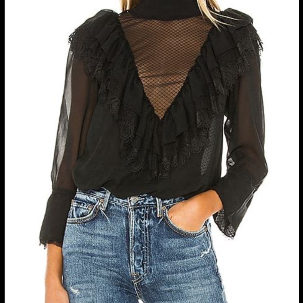 We Are HAH Elegant Black Lace Thong Bodysuit With Ruffles and High Neckline